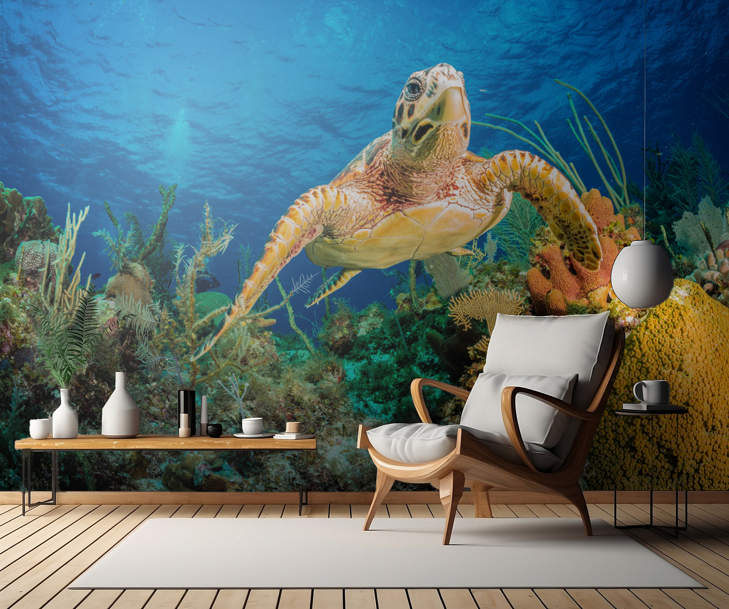 Hawksbill turtle swimming through Caribbean reef fototapet