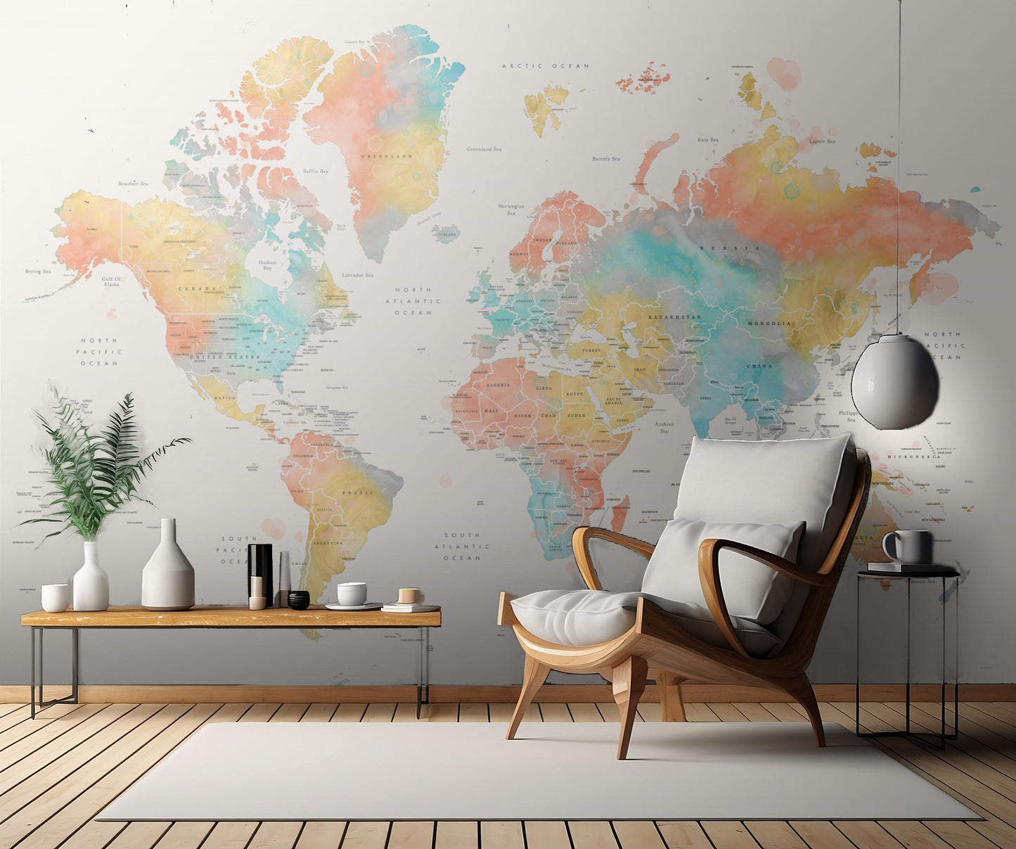 Watercolor world map with countries, Fifi fototapet