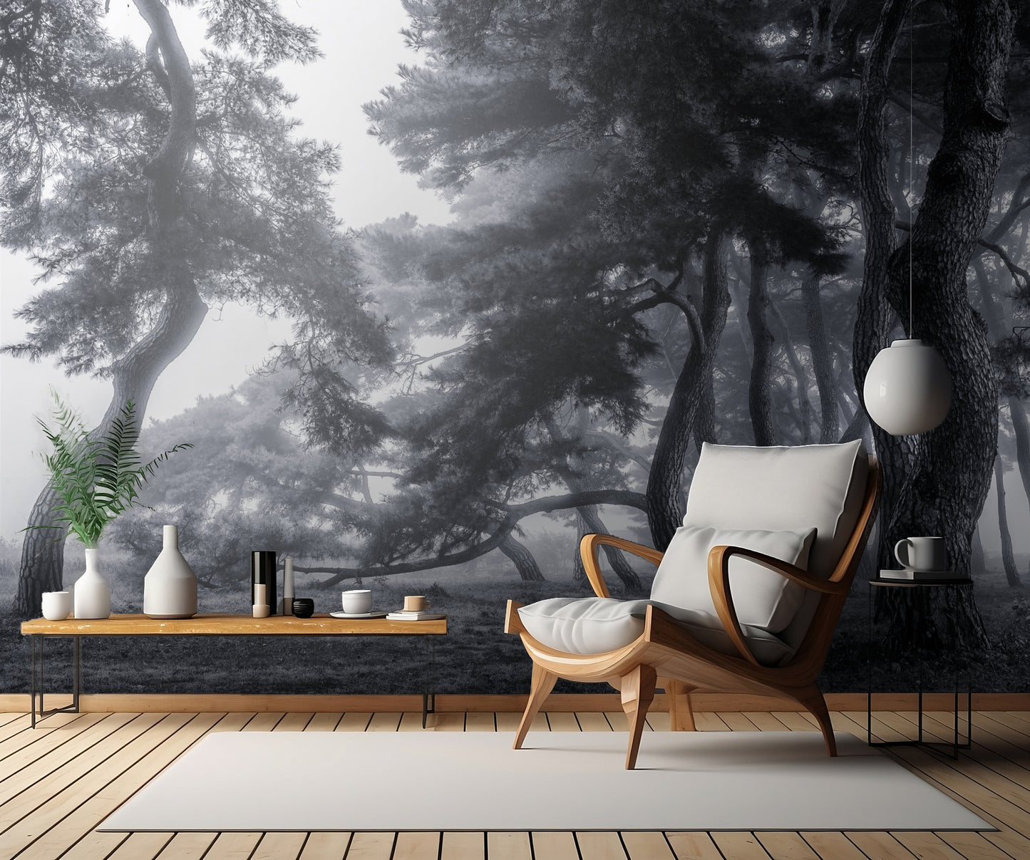 Pine trees dancing in the fog fototapet