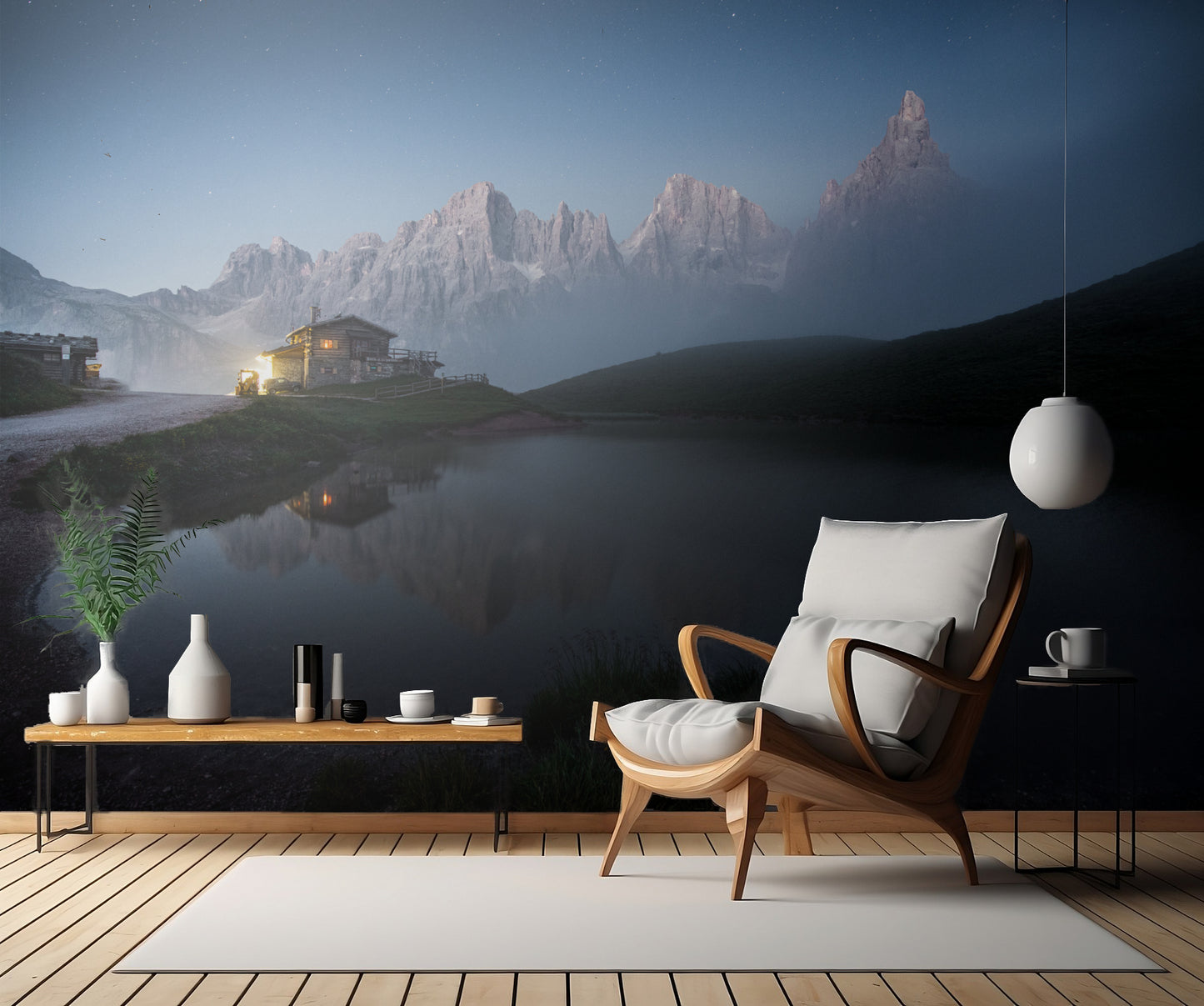 Wooden house between mountain and lake fototapet