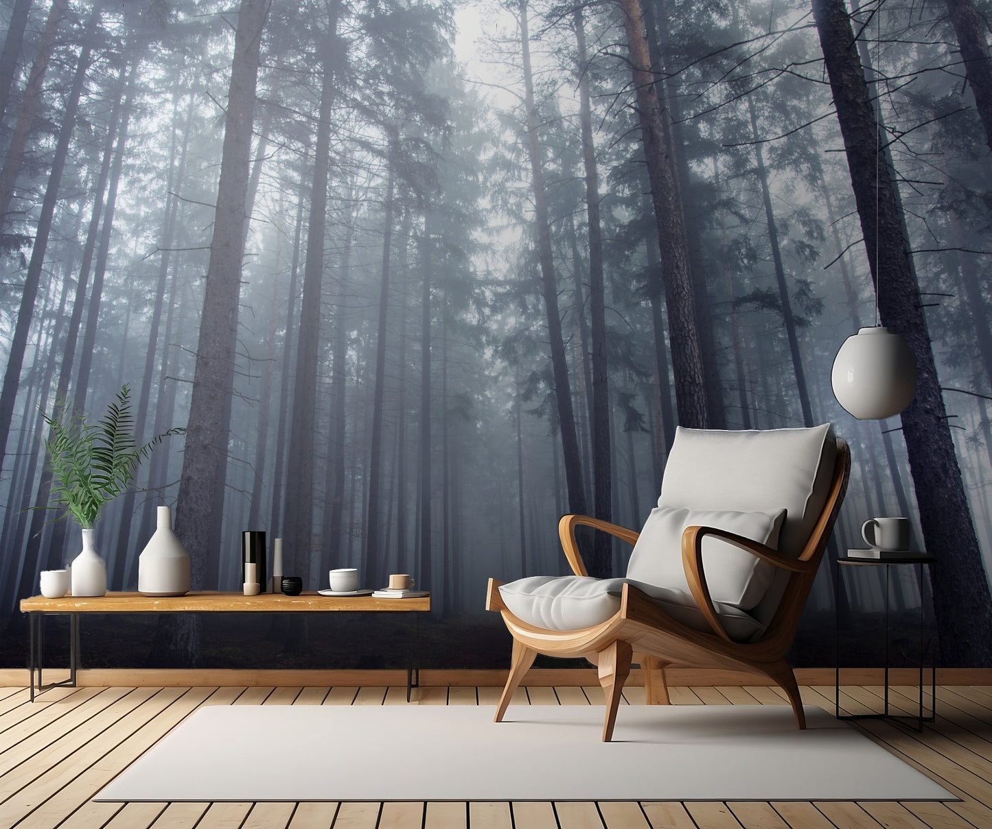 Mysterious foggy forest. fototapet