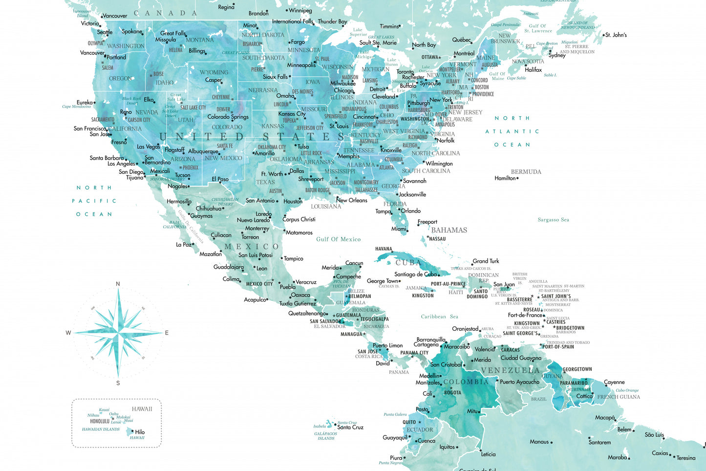 Aquamarine map of USA and Mexico fototapet