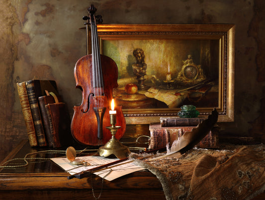 Still life with violin and painting fototapet