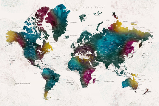 Watercolor world map with cities, Charleena fototapet
