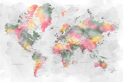 Watercolor world map with cities, Zadie fototapet