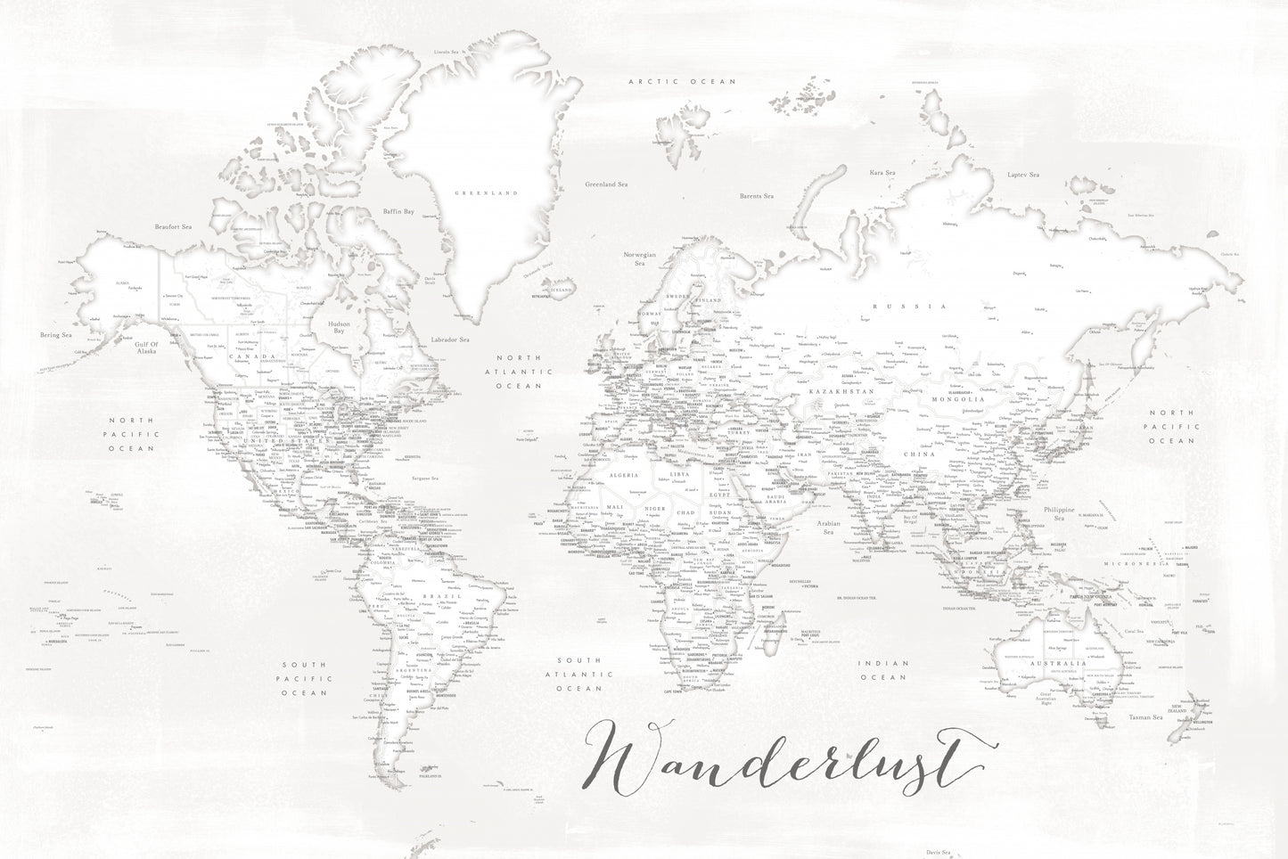 Wanderlust, detailed world map with cities, Maeli white fototapet
