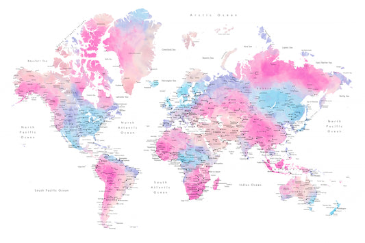 Watercolor world map with cities, Keahi fototapet