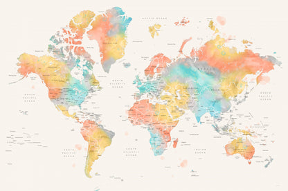 Watercolor world map with countries, Fifi fototapet