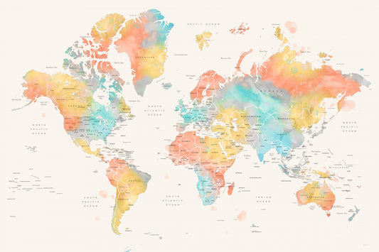 Watercolor world map with countries, Fifi fototapet