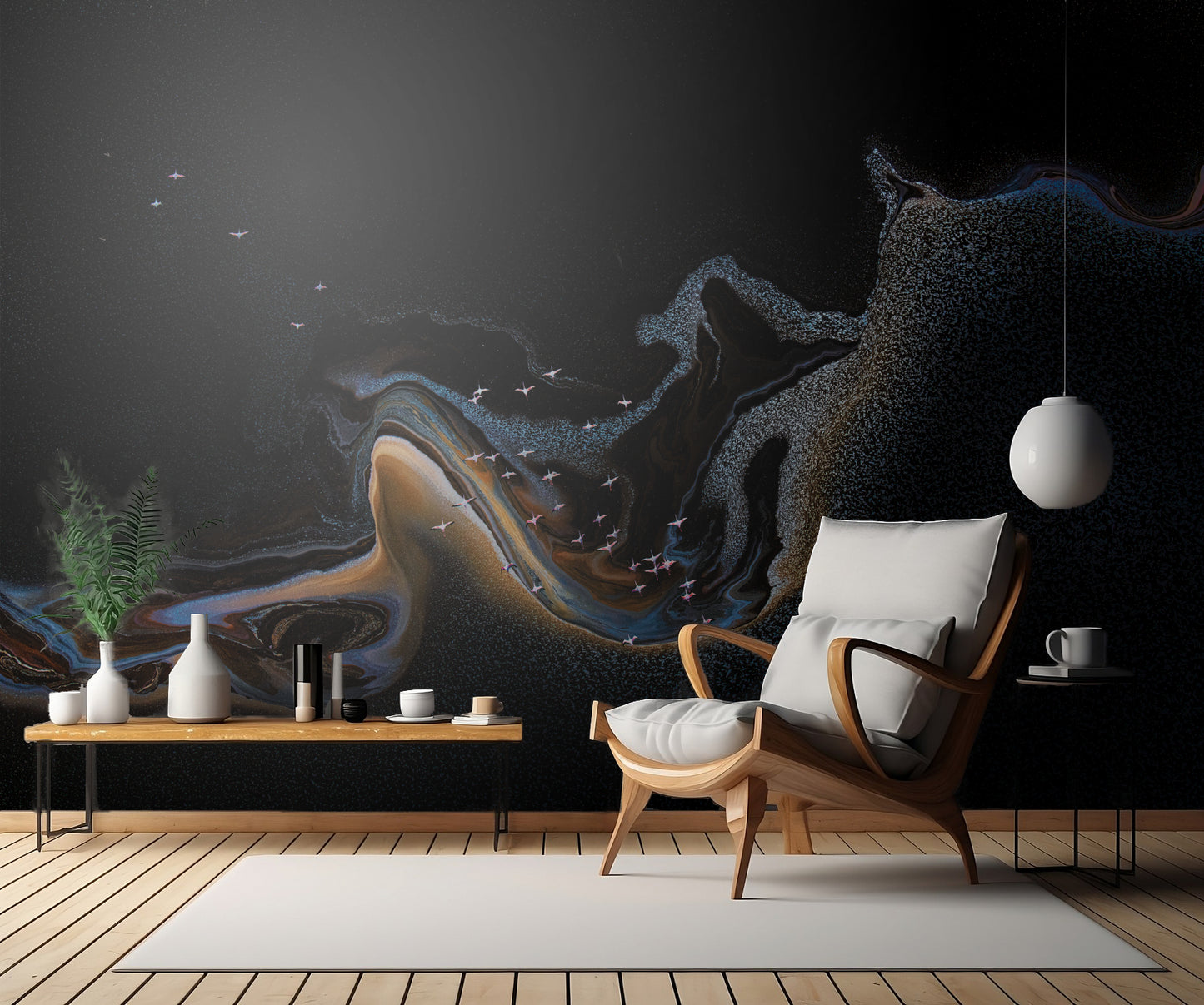 Flamingo over lake fototapet