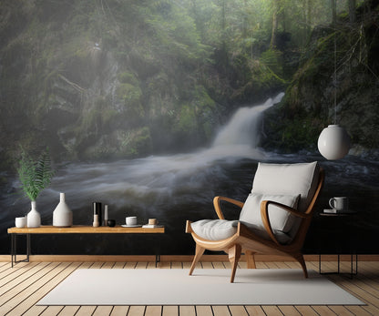 Hidden waterfall in the forest unveils its beauty fototapet