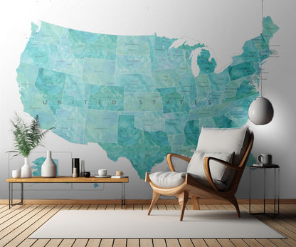 Aquamarine watercolor US map fototapet