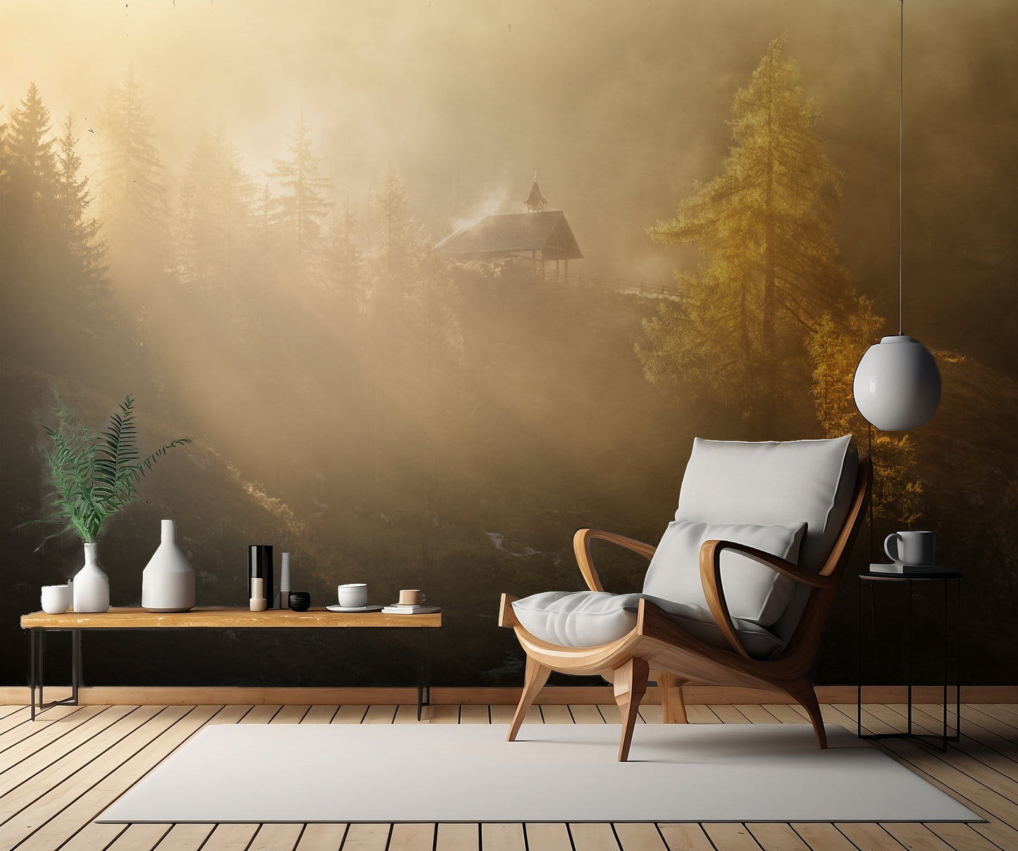 Alpine church in the morning fog fototapet