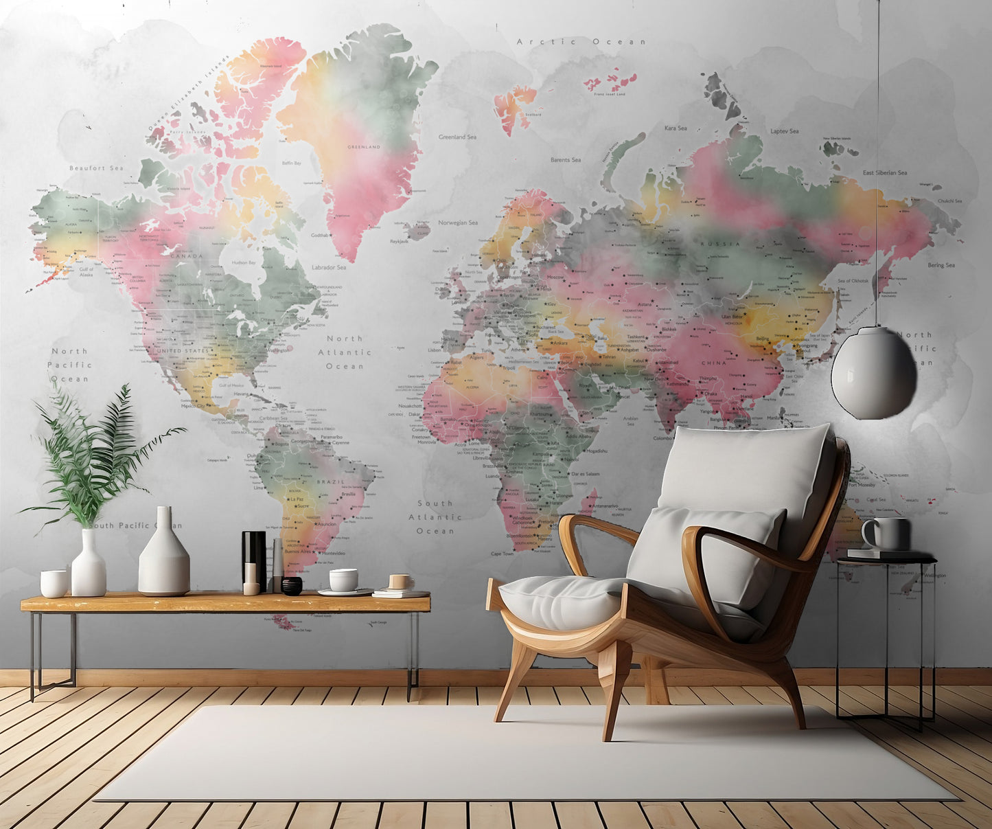 Watercolor world map with cities, Zadie fototapet