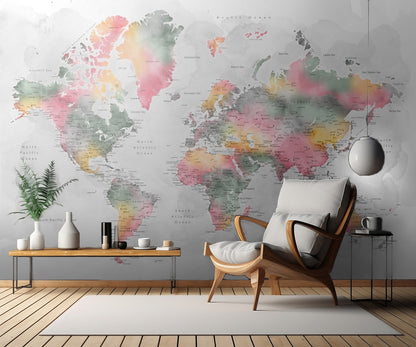 Watercolor world map with cities, Zadie fototapet