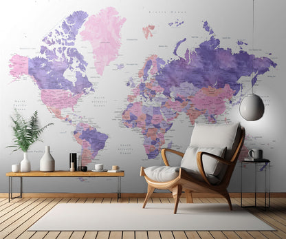 Watercolor world map with cities, Brandie fototapet